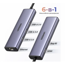 Конвертер Ugreen CM512 USB-C To 3*USB 3.0 A+HDMI+RJ45+PD 15598