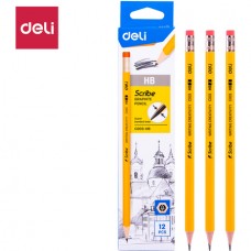 Карандаш DELI "Scribe", НВ, шестигранный корпус, дерево, с ластиком, желтый (044-003HB)