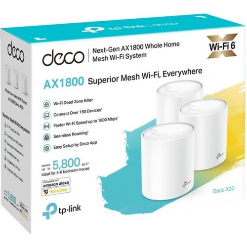 Домашняя Mesh Wi-Fi система GbE AX1800 Tp-Link Deco X20 (3 устройства) <Бесшовный роуминг, Wi-Fi 6, 5 ГГц: до 1201 Мбит/с (802.11ax), 2,4 ГГц: до 574 Мбит/с (802.11ax), 802.11ax/ac/a/b/g/n, 2 гигабитных порта LAN/WAN, Beamforming, MU-MIMO, OFDMA, Площа