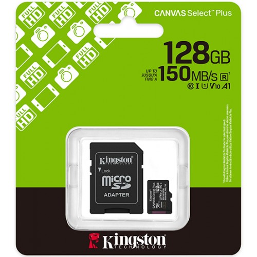 Карта памяти microSDXC 128GB, Kingston SDCS3/128GB, Canvas Select Plus Gen3, A1, 100M/s, +adapter (SDCS3/128GB)