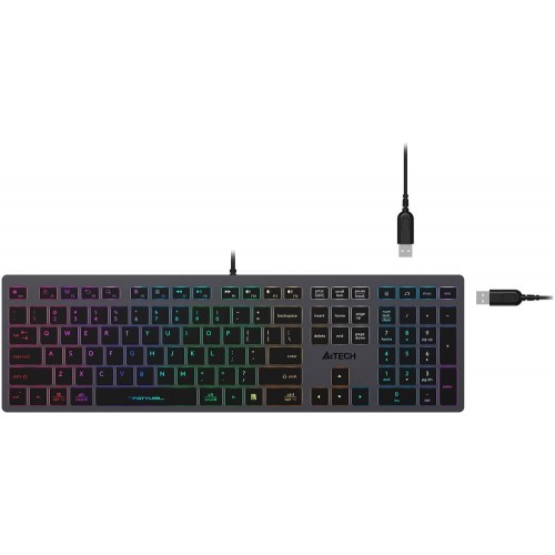 Клавиатура A4tech Fstyler FX60H-Neon-LED <USB, SLIM, USB-HUB*2, серый корпус, цветная подсветка>