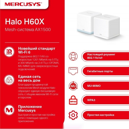 Домашняя Mesh Wi-Fi система GbE AX1500 Mercusys Halo H60X(2-pack) Wi-Fi 6