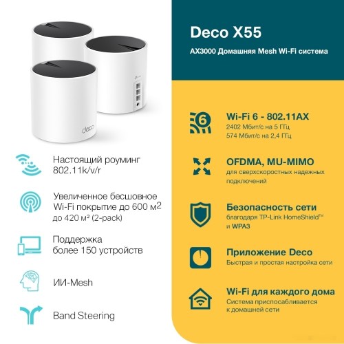 Домашняя Mesh Wi-Fi система GbE AX3000 Tp-Link Deco X55(3-pack) Wi-Fi 6