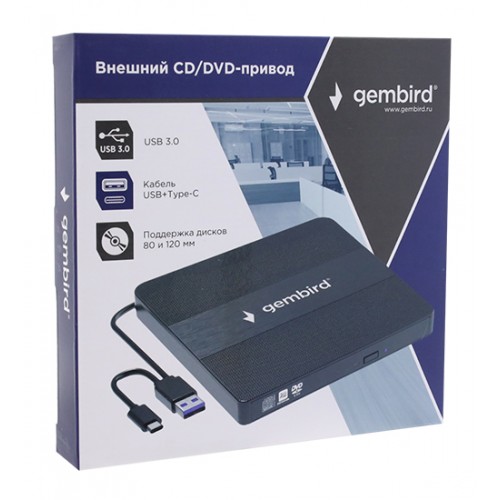Внешний оптический привод Gembird DVD-USB-03C, Черный, Ext DVD&plusmn;R/RW/-RAM,&plusmn;R9, CD-R/RW, USB3.0, black, box