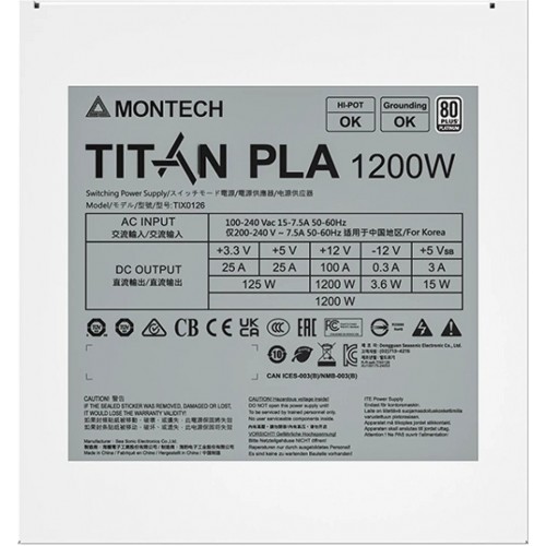 Блок питания Montech 1200W, TITAN PLA 1200W, Full Modular, 80+ PLATINUM, КПД 90%, Fan 135mm, Белый