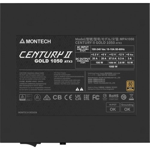 Блок питания Montech 1050W, CENTURY II 1050W, Full Modular, 80+ GOLD, КПД 90%, Fan 135mm, Серебро