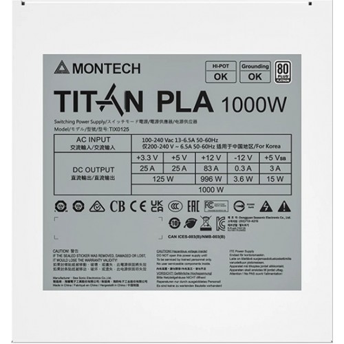 Блок питания Montech 1000W, TITAN PLA 1000W, Full Modular, 80+ PLATINUM, КПД 90%, Fan 135mm, Белый
