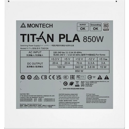 Блок питания Montech  850W, TITAN PLA 850W, Full Modular, 80+ PLATINUM, КПД 90%, Fan 135mm, Белый