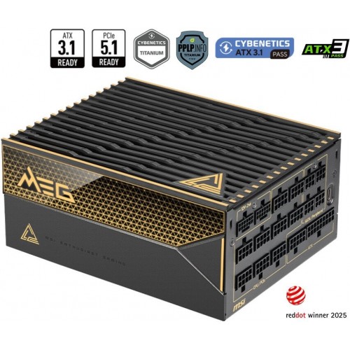 Блок питания MSI 1600W, MEG Ai1600T PCIE5, Full Modular, ATX, 80+ TITANIUM, >94%, Fan 135mm, Черный