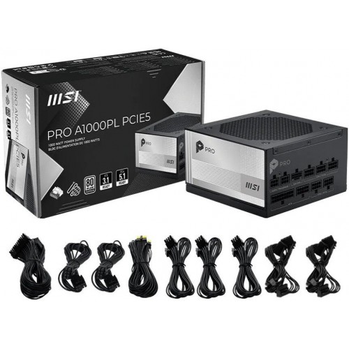 Блок питания MSI 1000W, PRO A1000PL PCIE5, Full Modular, ATX, 80+ PLATINUM, >92%, Fan 120mm, Черный