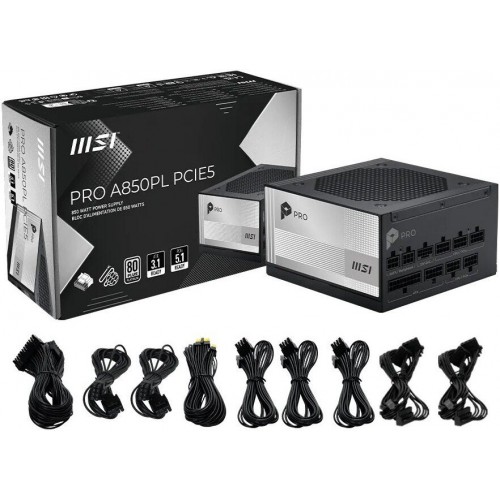 Блок питания MSI  850W, PRO A850PL PCIE5, Full Modular, ATX, 80+ PLATINUM, >92%, Fan 120mm, Черный