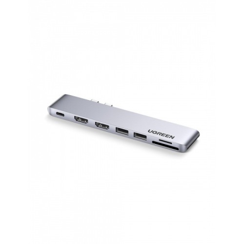 Конвертер Ugreen CM356 Dual USB-C To 2*USB 3.0 A+USB-C Female+ 2*HDMI+TF/SD Converter Gray, 80548