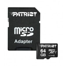 Карта памяти microSDXC  64GB, Patriot LX Series PSF64GMCSDXC10, Class 10, UHS-I, + adapter SD