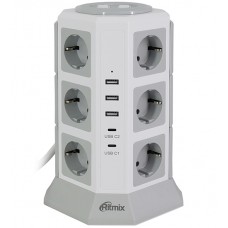 Сетевой фильтр + зарядка Ritmix RM-2123C, 2m, Белый, 12 розеток, 3 USB-A + 2 USB Type-C, white